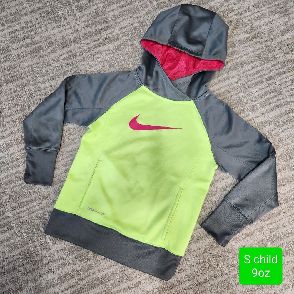 Nike Girls Therma-FIT Pullover Hoodie Grey Neon Yellow Pink Size S Small 7/8